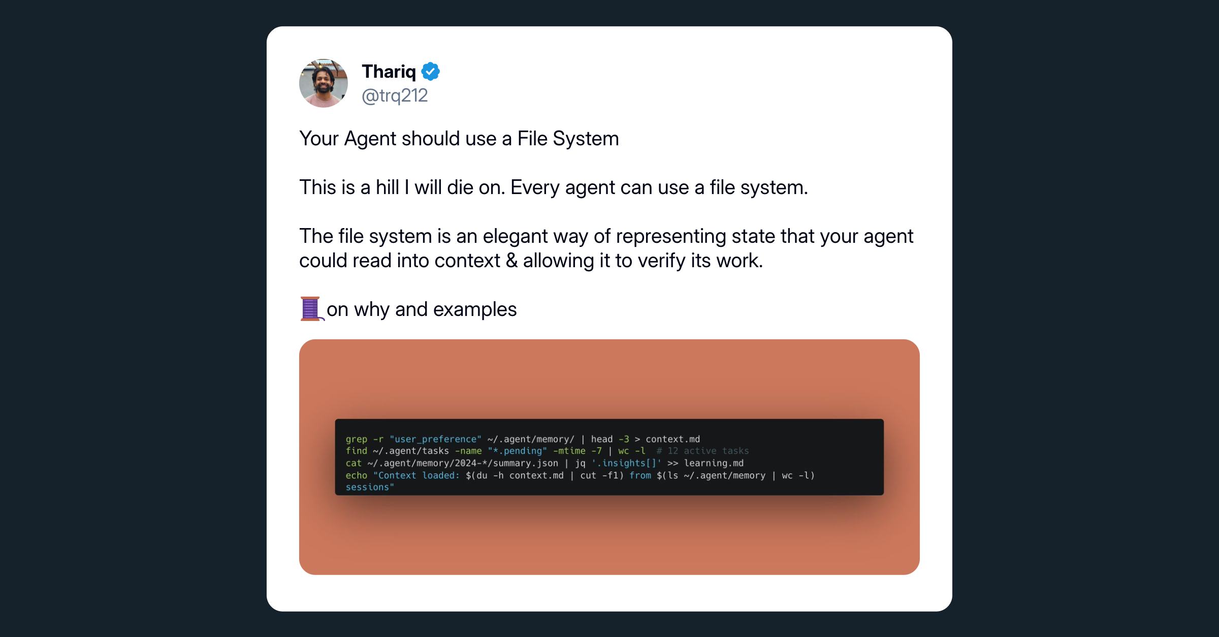 Thariq's tweet: Your Agent should use a File System